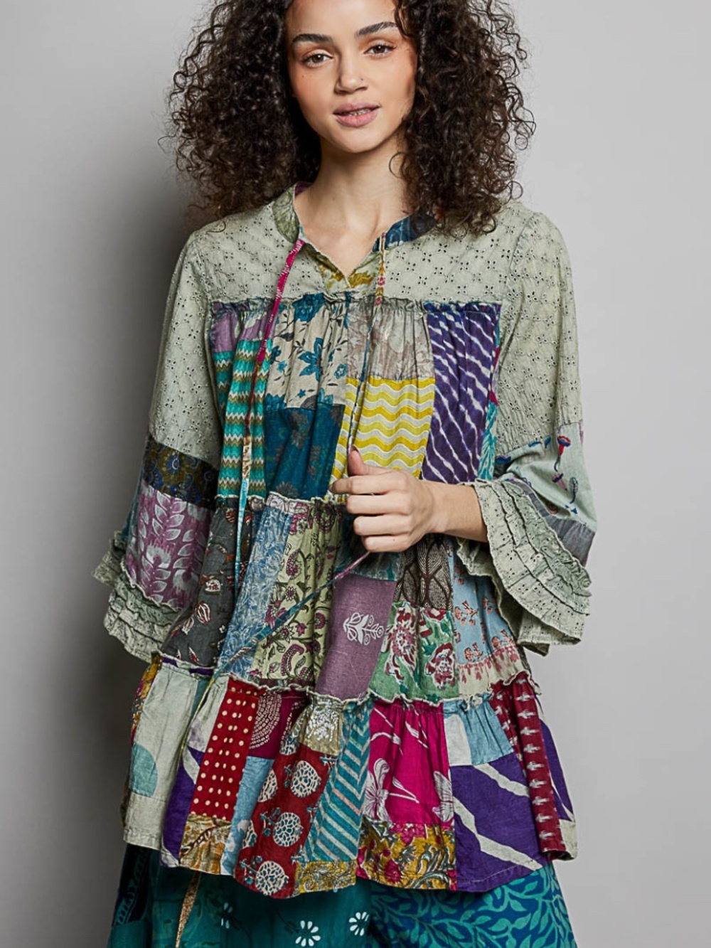 🌟 “The Deidra" Sage Patchwork Relaxed 3/4 Sleeve Tunic